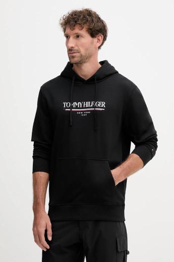 Bavlnená mikina Tommy Hilfiger čierna farba, s kapucňou, s potlačou, MW0MW40534