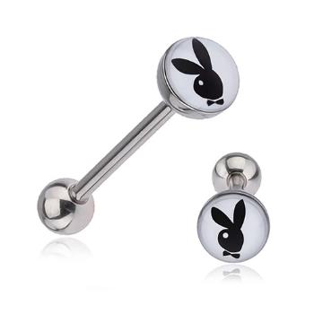 Oceľový piercing do jazyka - čiernobiely zajac s mašľou