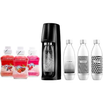 SodaStream Spirit Black + fľaša + príchute JAHODA, ZÁHRADNÉ OVOCIE, MALINA