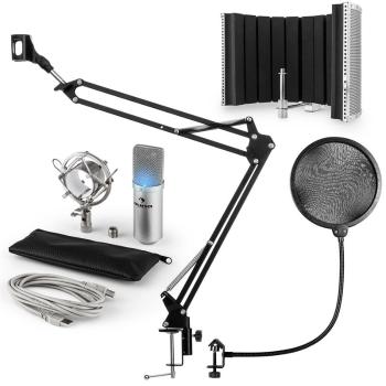 Auna MIC-900S-LED, USB mikrofónová sada V5, strieborná, kondenzátorový mikrofón, pop filter, akustická clona, rameno