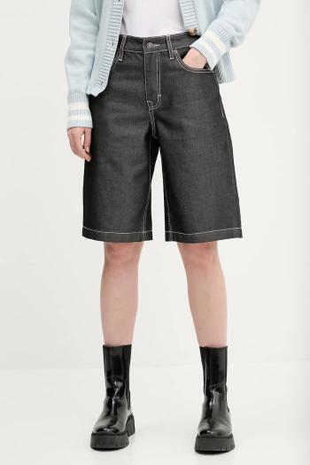 Rifľové krátke nohavice Guess Originals dámske, čierna farba, jednofarebné, vysoký pás, M5GD52 D5L3A