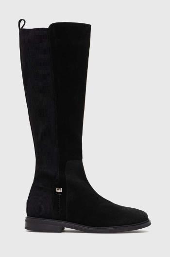 Vysoké čižmy Tommy Hilfiger TOMMY ESSENTIALS LONGBOOT dámske, čierna farba, na plochom podpätku, FW0FW07476
