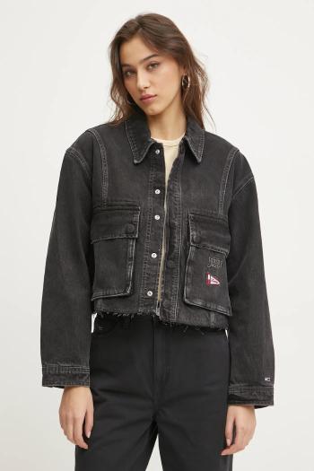 Rifľová bunda Tommy Jeans dámska, čierna farba, prechodná, oversize, DW0DW20545