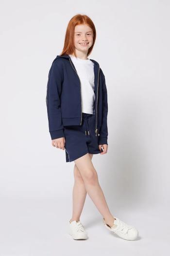 Detská bavlnená mikina Michael Kors tmavomodrá farba, s kapucňou, s nášivkou, R30327