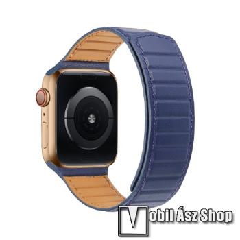 Okosóra szíj - valódi bőrpánt, mágneses, 120mm + 75mm hosszú - KÉK - Apple Watch Series 1/2/3 42mm / 4/5/6/SE 44mm / 7/8 45mm / 10 46mm / Ultra / Ultra 2 49mm