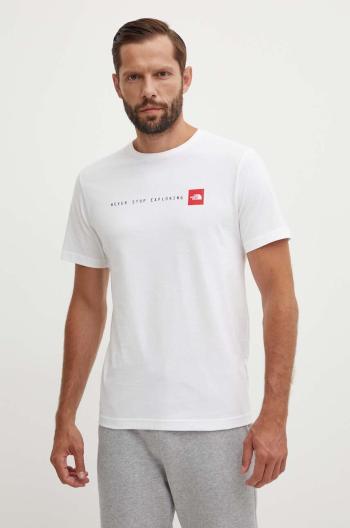 Bavlnené tričko The North Face M S/S Never Stop Exploring Tee pánske, biela farba, s potlačou, NF0A87NSFN41