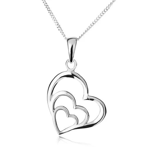 Náhrdelník - retiazka a tri nesúmerné obrysy sŕdc, striebro 925