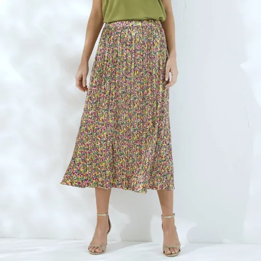 Plisovaná saténová midi sukňa s potlačou