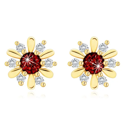 Náušnice zo žltého 14K zlata - kvietok s oranžovočerveným granátom, číre zirkóny