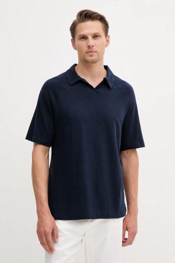 Ľanové polo United Colors of Benetton tmavomodrá farba, jednofarebné, 3UTFU302A