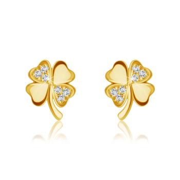Diamantové náušnice zo 14K žltého zlata - štvorlístok s ligotavými briliantmi