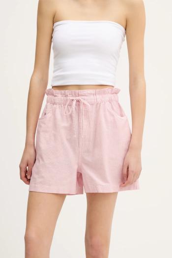 Šortky s prímesou ľanu Tommy Jeans ružová farba, vzorovaná, vysoký pás, DW0DW20360