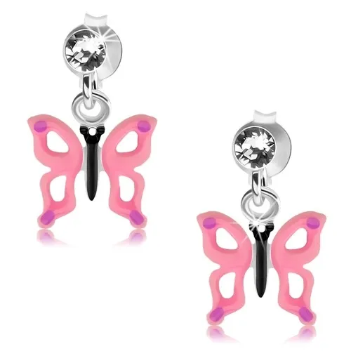 Strieborné 925 náušnice, číry krištálik, motýľ s ružovými krídlami a výrezmi