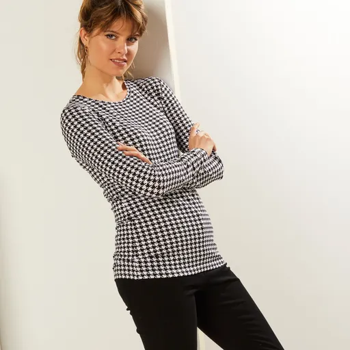 Strečové tričko s okrúhlym výstrihom a potlačou kohútiej stopy