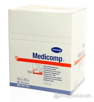 MEDICOMP kompres z netkaného textilu, sterilný (7,5x7,5cm) 25x2 (50ks)