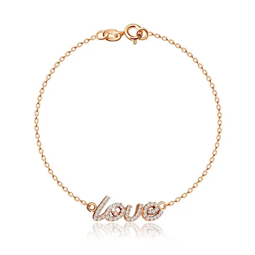 Strieborný 925 náramok v medenej farbe - nápis "Love" vykladaný čírymi zirkónmi