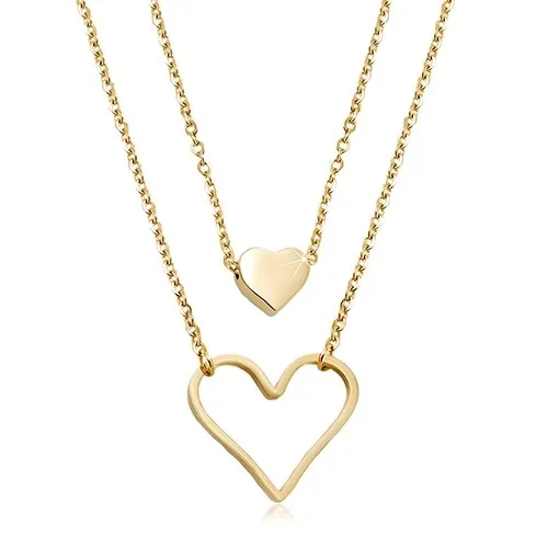 Oceľový náhrdelník zlatej farby, malé plné srdiečko, veľký obrys srdca, dve retiazky