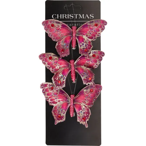 Set vianočných ozdôb Motýle, červená, 12x8x2cm, s klipom, SET 3 KS