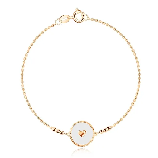 Strieborný náramok 925 - ružovozlatá farba, kruh so srdiečkom a bielou glazúrou