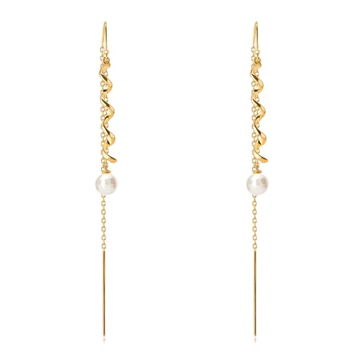 Visiace zlaté 9K náušnice - kontúra vlnky a okrúhla perla bielej farby