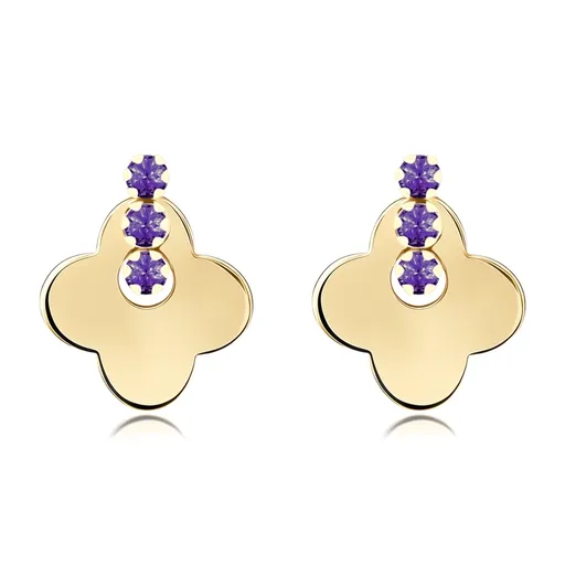 Náušnice zo žltého zlata 375 - štvorlístok, fialové zirkóny, puzetky