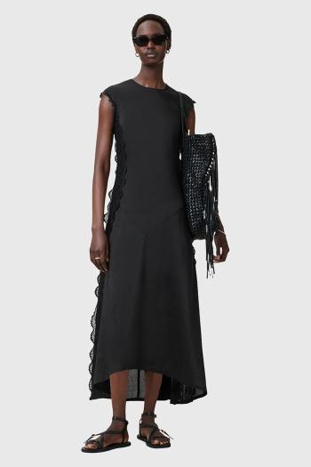 Ľanové šaty AllSaints LYRA čierna farba, midi, áčkový strih, W248DC