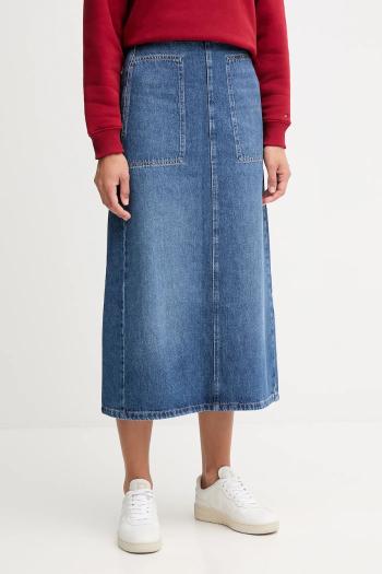 Bavlnená rifľová sukňa Tommy Hilfiger modrá farba, midi, rovný strih, WW0WW46737