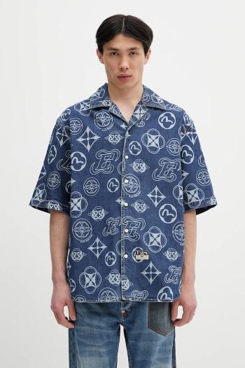 Rifľová košeľa Evisu Monogram AOP Denim SS voľný strih, s klasickým golierom, 2ESHTM5DI1147