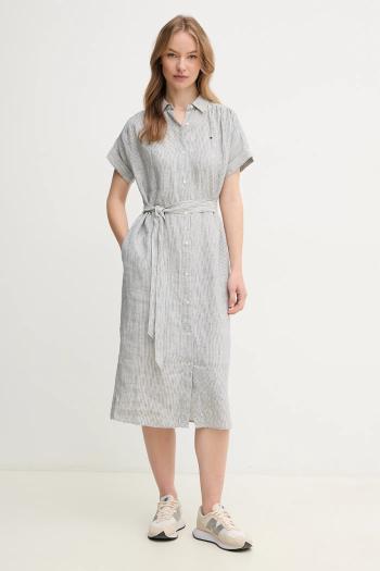 Ľanové šaty Tommy Hilfiger tmavomodrá farba, midi, áčkový strih, WW0WW44653