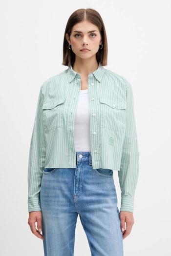 Bavlnená košeľa Tommy Jeans zelená farba, voľný strih, s klasickým golierom, DW0DW21453