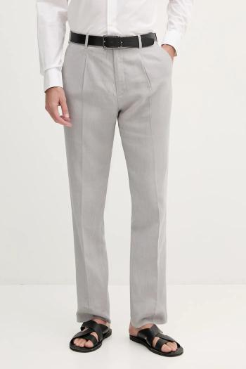 Ľanové nohavice Calvin Klein šedá farba, priliehavé, LV04LB448G