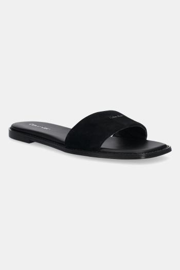 Semišové šľapky Calvin Klein FLAT SANDAL SQUARED HF SUE čierna farba, HW0HW02557