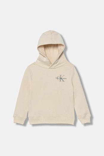 Detská bavlnená mikina Calvin Klein Jeans béžová farba, s kapucňou, s potlačou, IU0IU00266