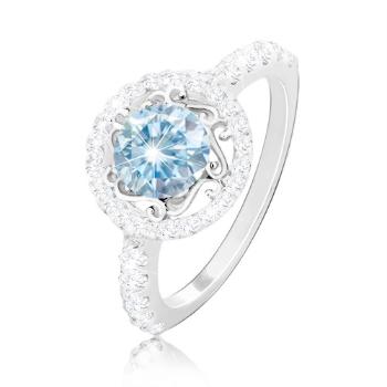 Strieborný 925 prsteň - svetlomodrý zirkón, ornamenty, zirkónová obruč a ramená - Veľkosť: 52 mm