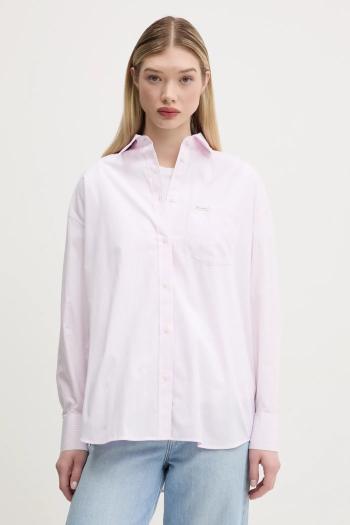 Bavlnená košeľa Guess Jeans dámska, ružová farba, voľný strih, s klasickým golierom, W5RH94 WGZ11