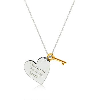 Strieborný náhrdelník 925 - srdce s nápisom "You have the key to my heart", kľúčik zlatej farby
