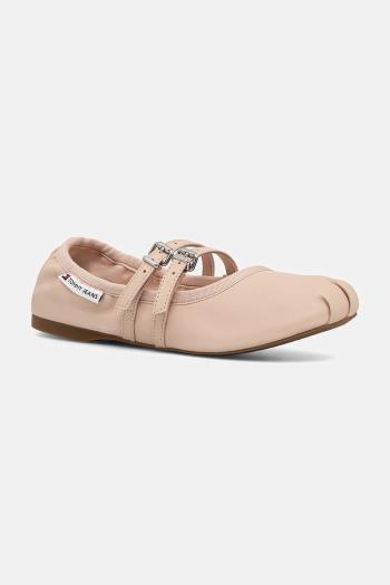 Kožené balerínky Tommy Jeans BALLERINA béžová farba, EN0EN02720