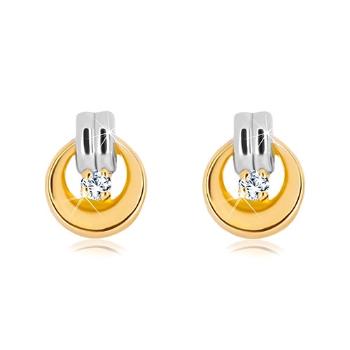 Náušnice zo 14K zlata - žiarivý číry diamant v lesklej obruči, pásik bieleho zlata