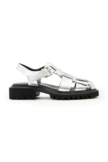 Kožené sandále AllSaints Tess Sandal dámske, strieborná farba, na podpätku, W042FC