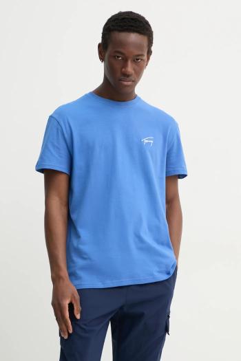 Bavlnené tričko Tommy Jeans pánske, tyrkysová farba, s nášivkou, DM0DM21140