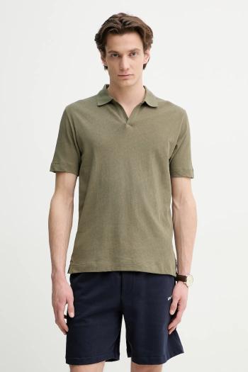 Polo tričko s prímesou ľanu Marc O'Polo pánske, zelená farba, jednofarebné, M23209153026