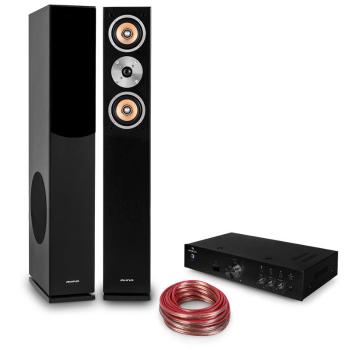 Auna „Briliant Black“, HiFi készlet, HiFi erősítő + 2 oszlop hangfal + kábel