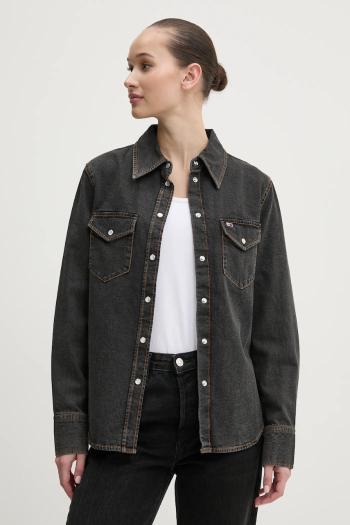 Bavlnená košeľa Tommy Jeans dámska, šedá farba, regular, s klasickým golierom, DW0DW20179