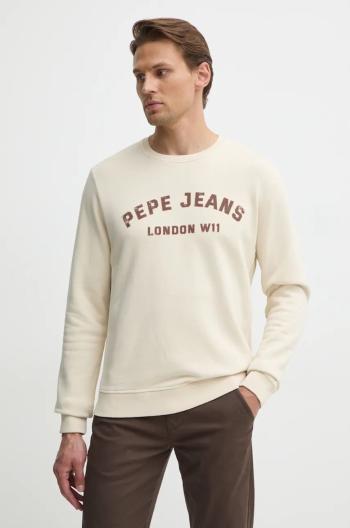 Bavlnená mikina Pepe Jeans ALDRIDGE CREW pánska, béžová farba, s potlačou, PM582738