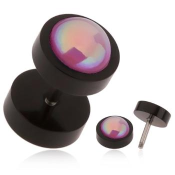 Akrylový fake plug do ucha, čierna farba, ružová gulička, dúhový odlesk