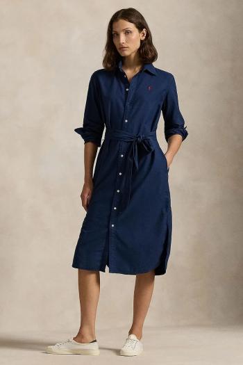Bavlnené šaty Polo Ralph Lauren tmavomodrá farba, midi, rovný strih, 211963031