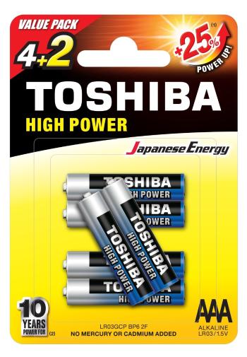 Ceruzaelem AAA (LR03) , 1.5 Volt , 6 darab , tartós , elem , High Power , TOSHIBA