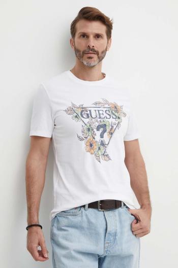 Bavlnené tričko Guess FLOWERS pánsky, biela farba, s potlačou, M4GI11 I3Z14