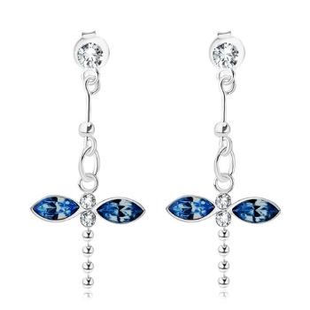 Strieborné 925 náušnice, visiaca vážka, modré a číre krištále Swarovski