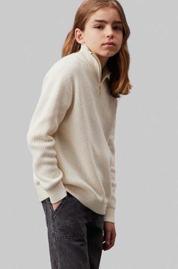Detský bavlnený sveter Calvin Klein Jeans béžová farba, IB0IB02153